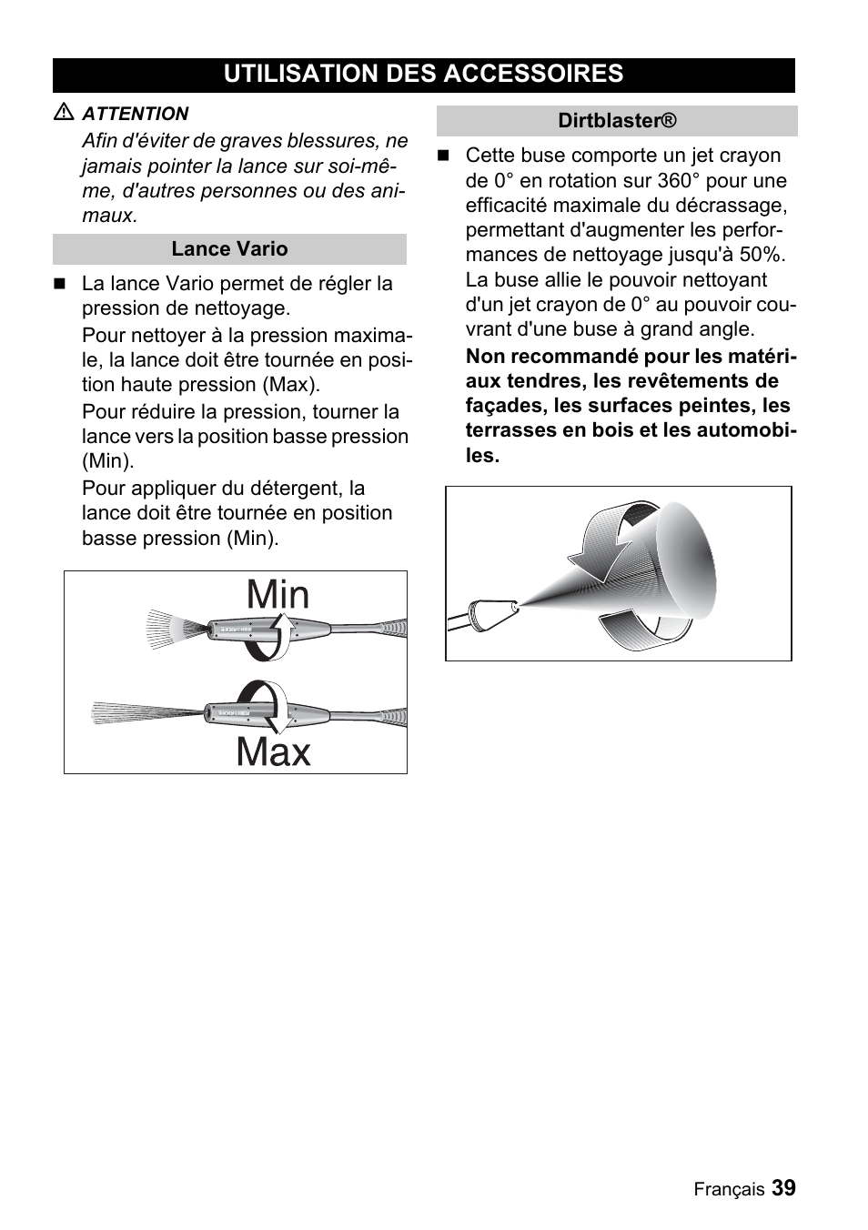 Utilisation des accessoires | Karcher K 3.92 M User Manual | Page 39 / 48