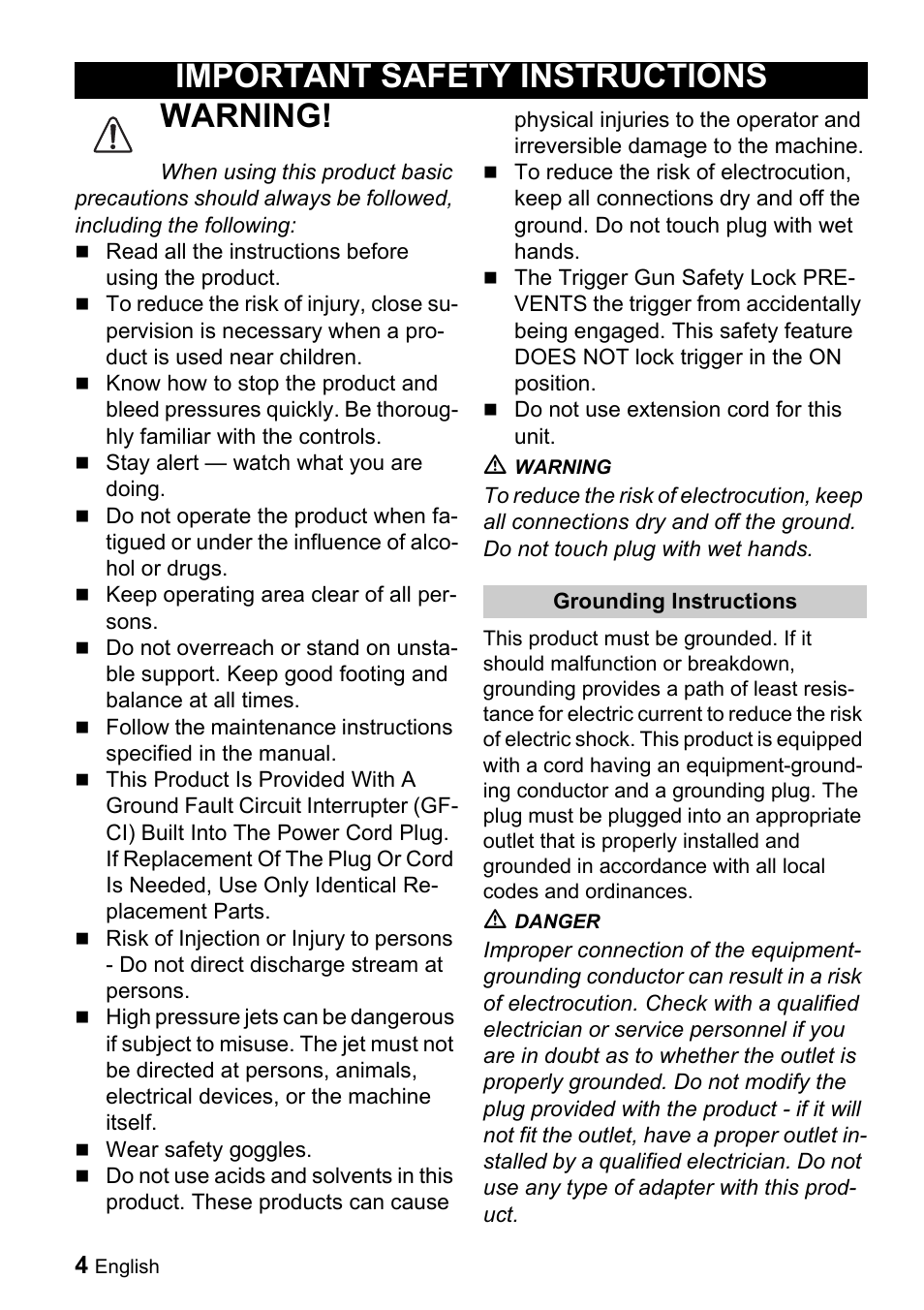 Warning, Important safety instructions | Karcher K 3.92 M User Manual | Page 4 / 48