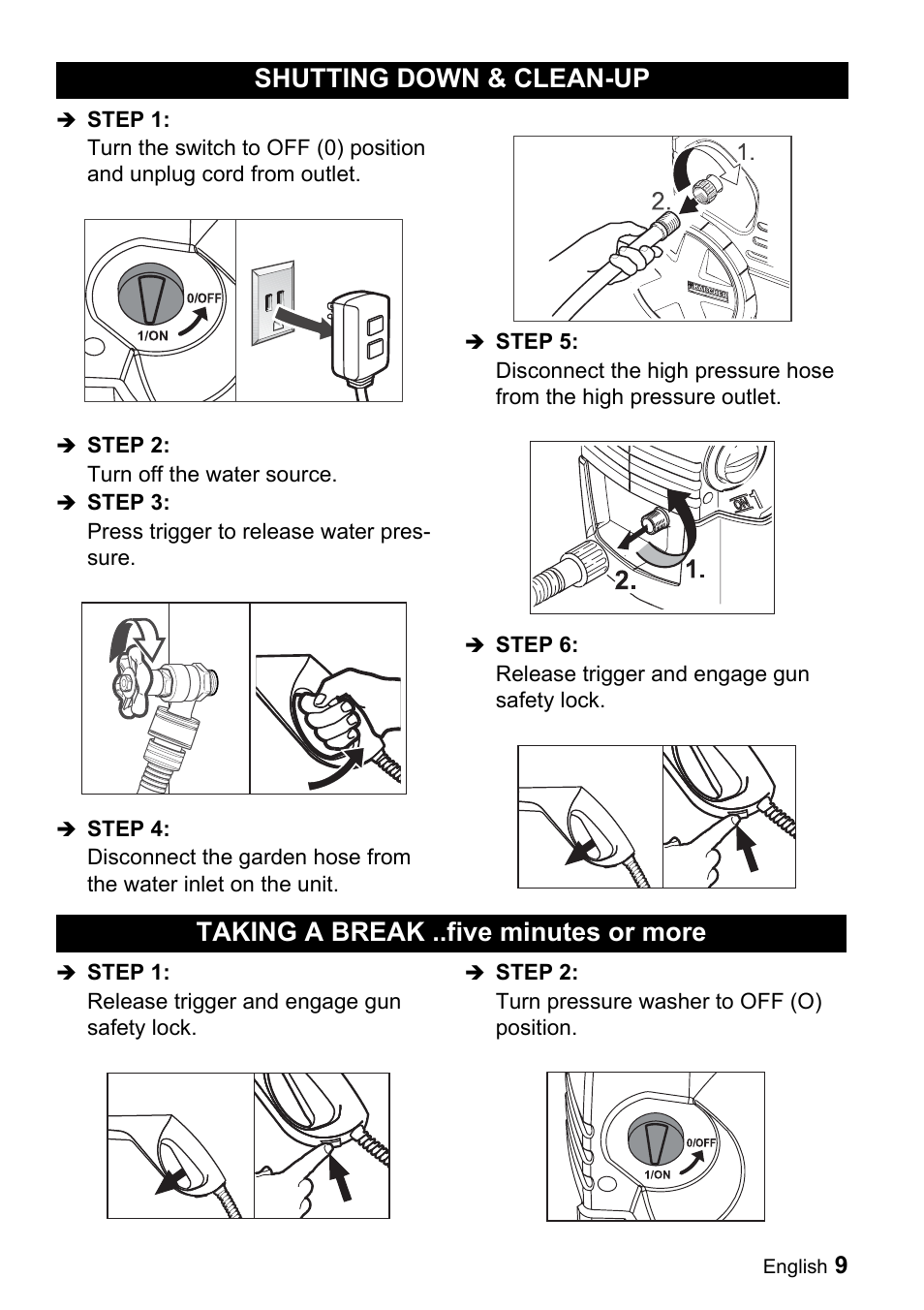 Shutting down & clean-up, Taking a break ..five minutes or more | Karcher K 3.92 M User Manual | Page 9 / 48