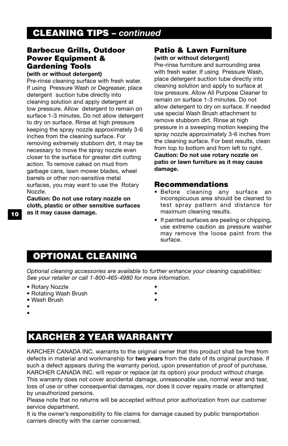 Cleaning tips – continued, Optional cleaning, Karcher 2 year warranty | Karcher K 370 M User Manual | Page 10 / 12