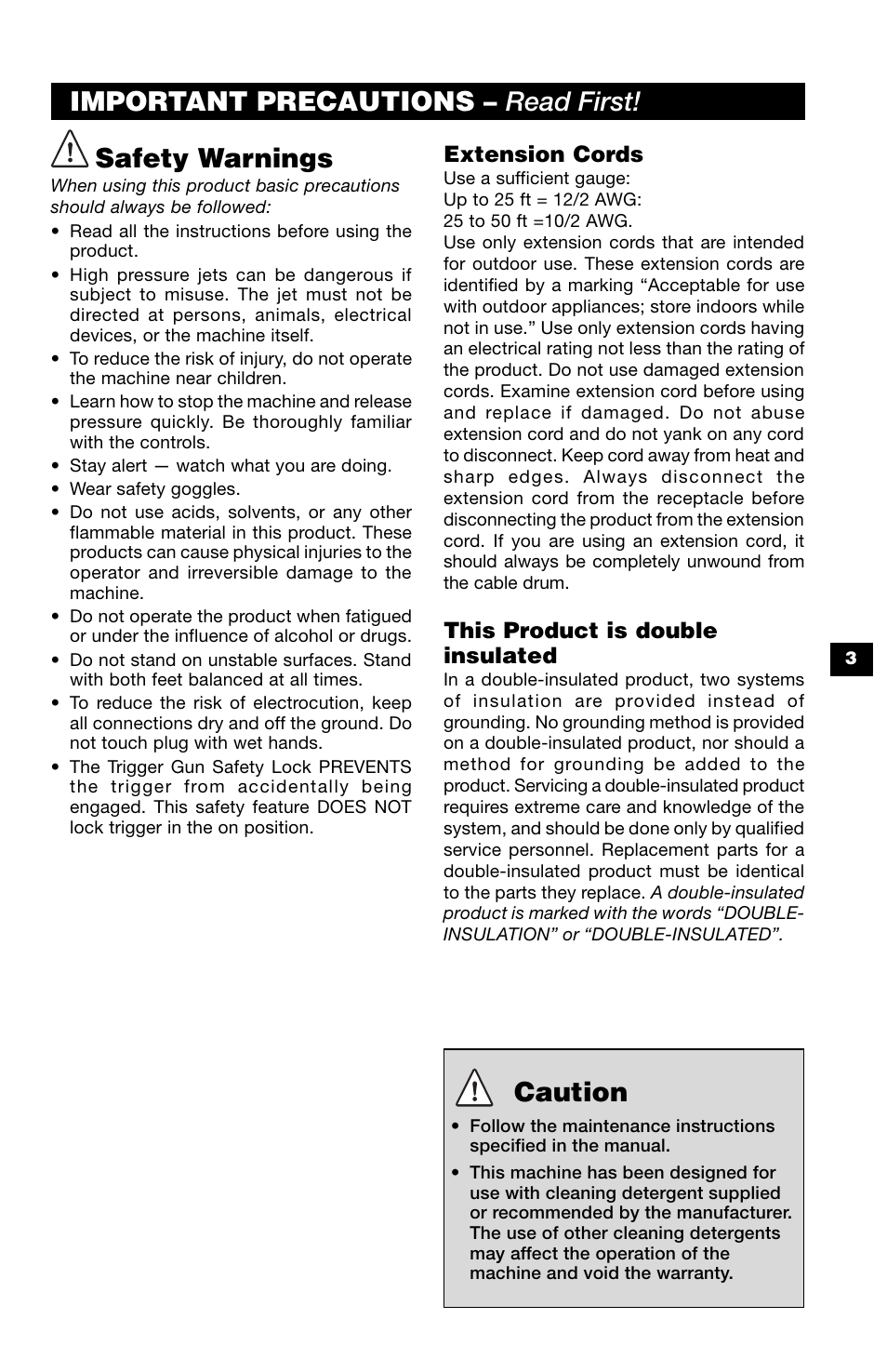 Safety warnings, Important precautions – read first! caution, Extension cords | This product is double insulated, Warning | Karcher K 370 M User Manual | Page 3 / 12