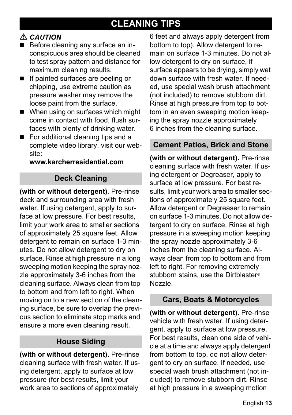 Cleaning tips | Karcher K 2.360 User Manual | Page 13 / 52