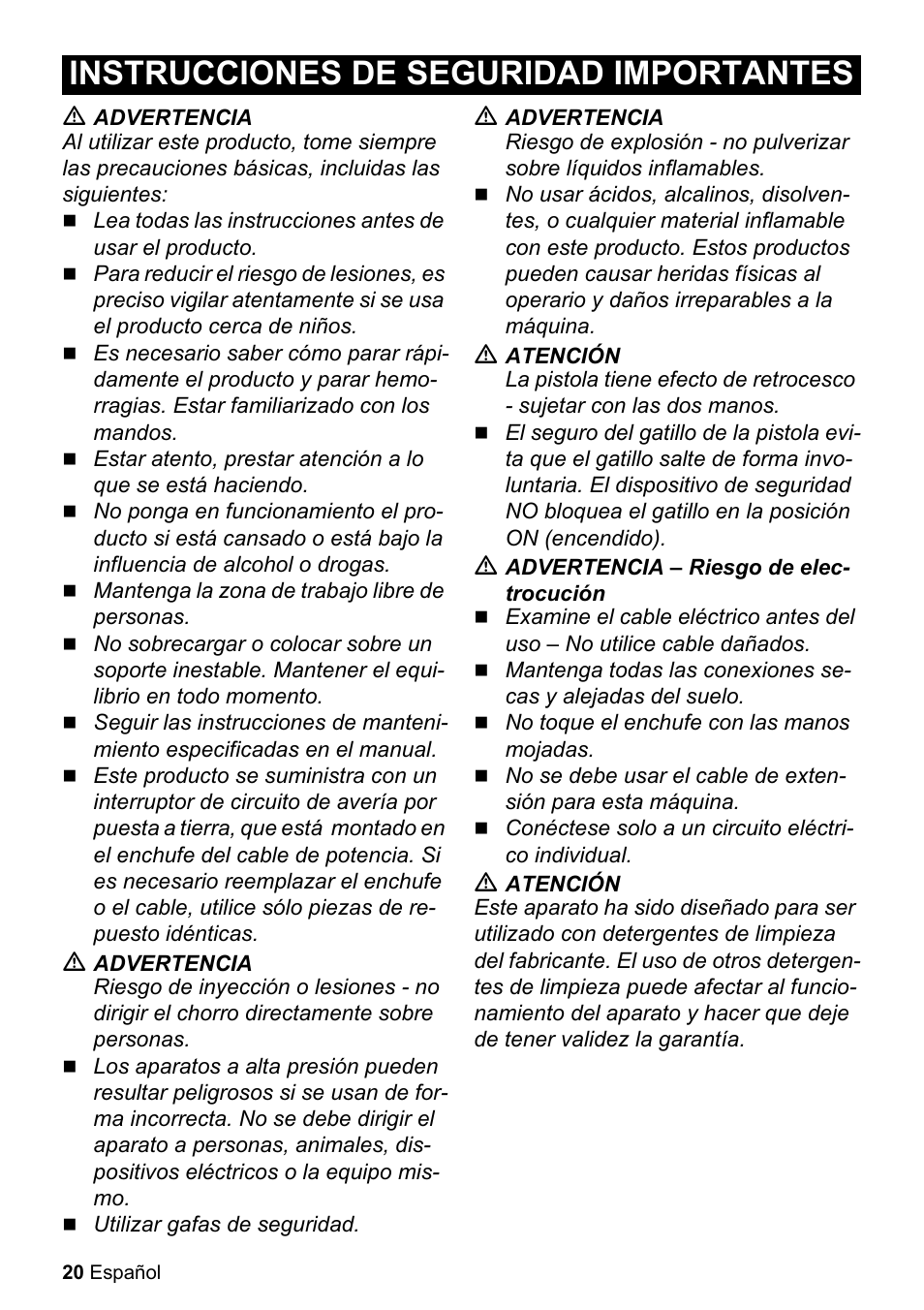 Instrucciones de seguridad importantes | Karcher K 2.360 User Manual | Page 20 / 52