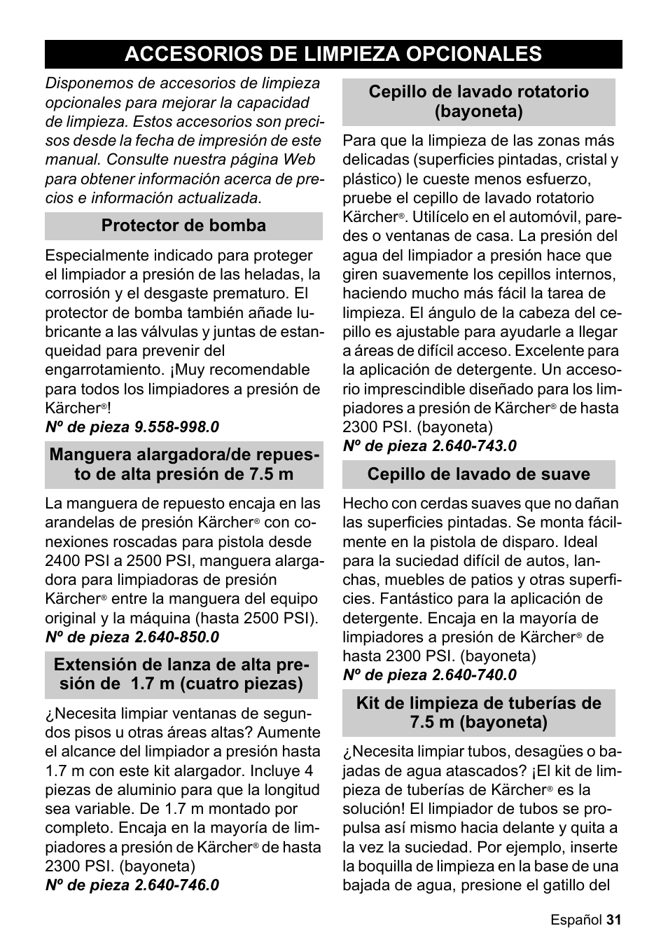 Accesorios de limpieza opcionales | Karcher K 2.360 User Manual | Page 31 / 52