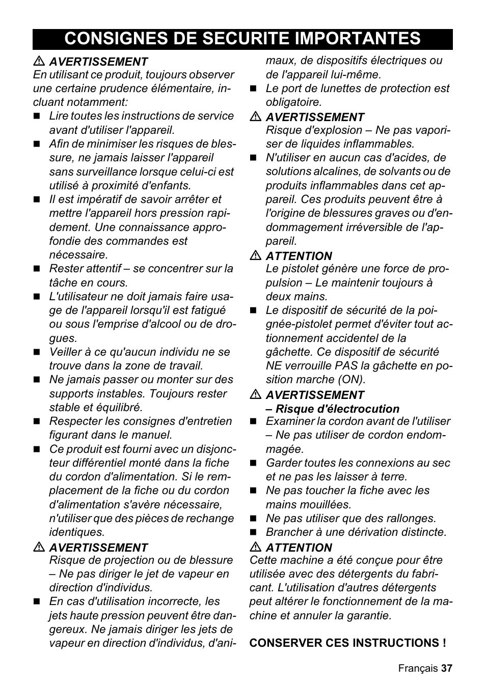 Consignes de securite importantes | Karcher K 2.360 User Manual | Page 37 / 52