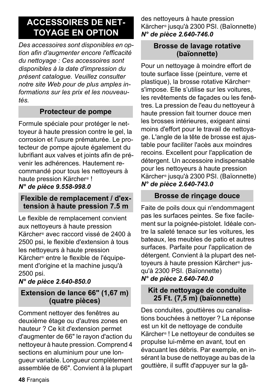 Accessoires de net- toyage en option | Karcher K 2.360 User Manual | Page 48 / 52