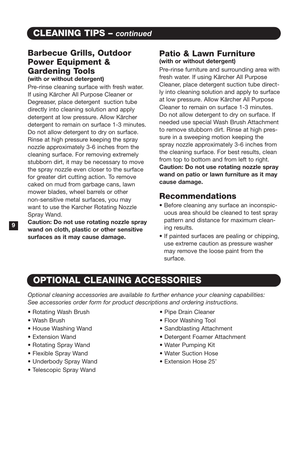 Cleaning tips, Optional cleaning accessories, Patio & lawn furniture | Recommendations, Continued | Karcher K 260 M User Manual | Page 10 / 12