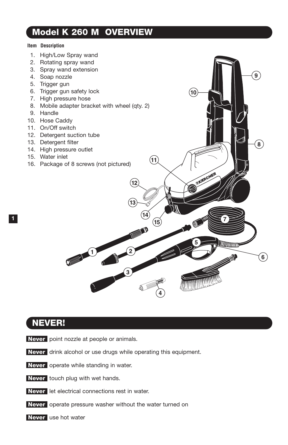 Never! model k 260 m overview | Karcher K 260 M User Manual | Page 2 / 12