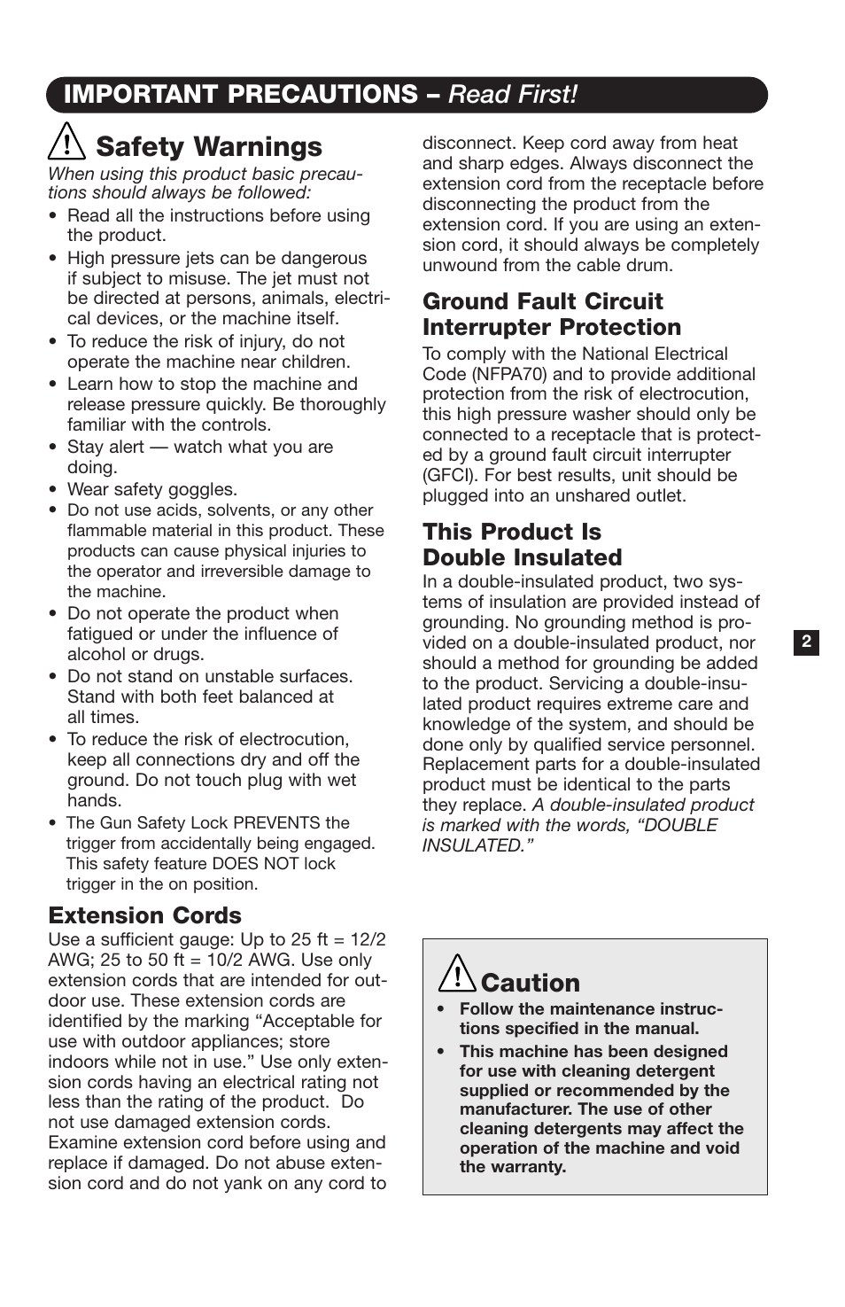 Safety warnings, Important precautions – read first, Caution | Extension cords, Ground fault circuit interrupter protection, This product is double insulated | Karcher K 260 M User Manual | Page 3 / 12