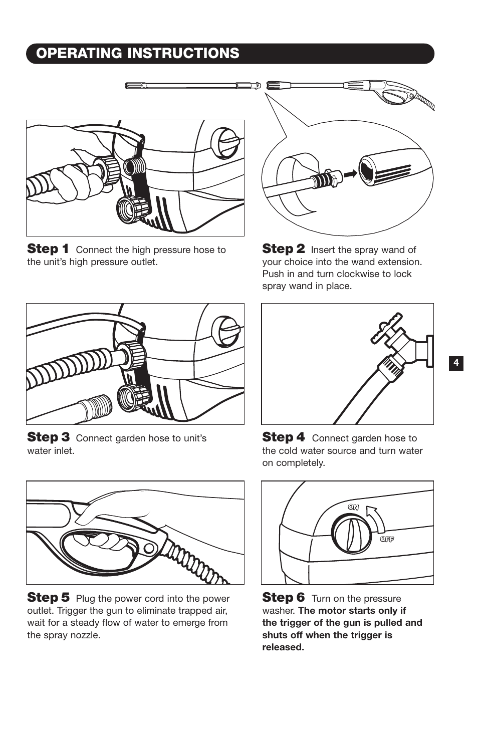 Operating instructions, Step 1, Step 2 | Step 3, Step 4, Step 5, Step 6 | Karcher K 260 M User Manual | Page 5 / 12