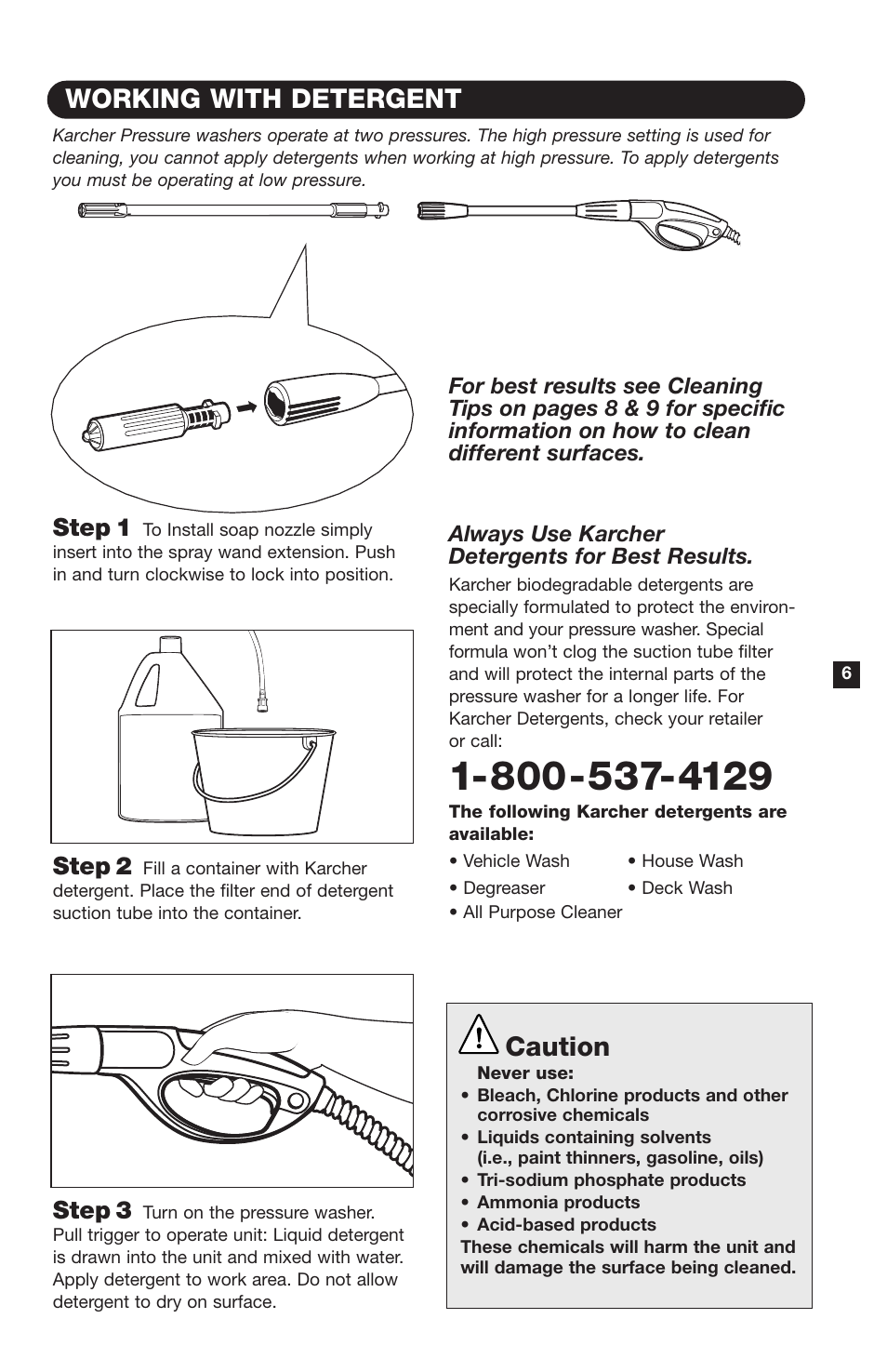 Working with detergent, Caution, Step 1 | Step 2, Step 3 | Karcher K 260 M User Manual | Page 7 / 12