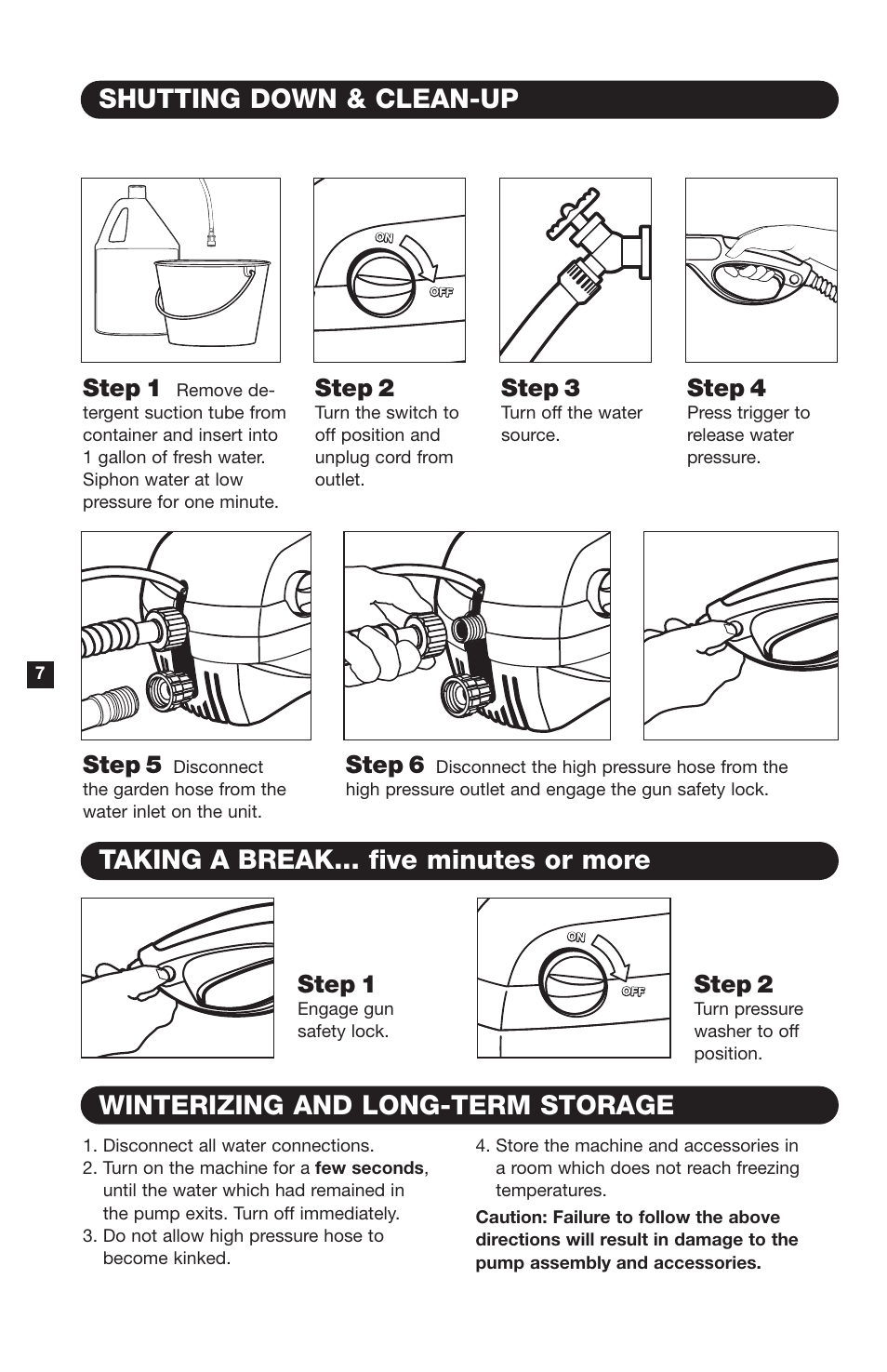 Shutting down & clean-up, Winterizing and long-term storage, Taking a break... five minutes or more | Step 1, Step 2, Step 3, Step 4, Step 5, Step 6 | Karcher K 260 M User Manual | Page 8 / 12