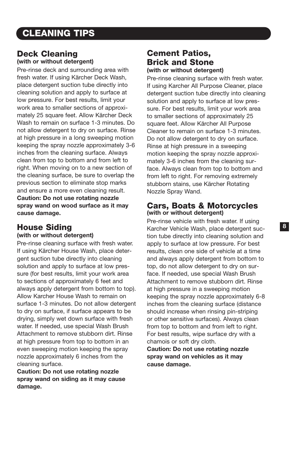 Cleaning tips, Deck cleaning, House siding | Cement patios, brick and stone, Cars, boats & motorcycles | Karcher K 260 M User Manual | Page 9 / 12