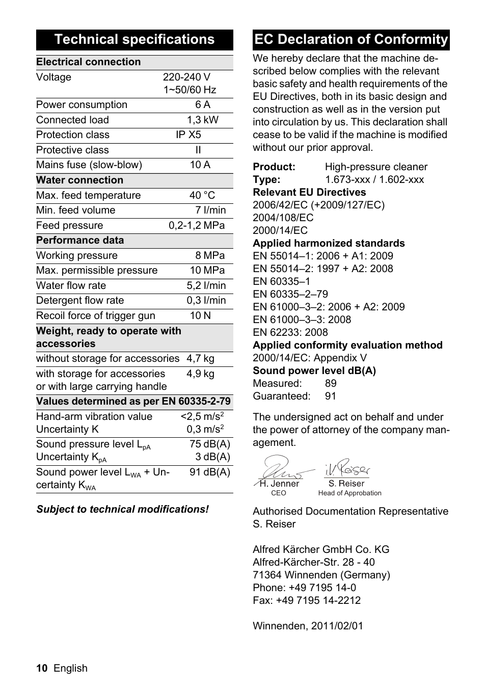 Technical specifications, Ec declaration of conformity | Karcher K 2.199 User Manual | Page 10 / 12