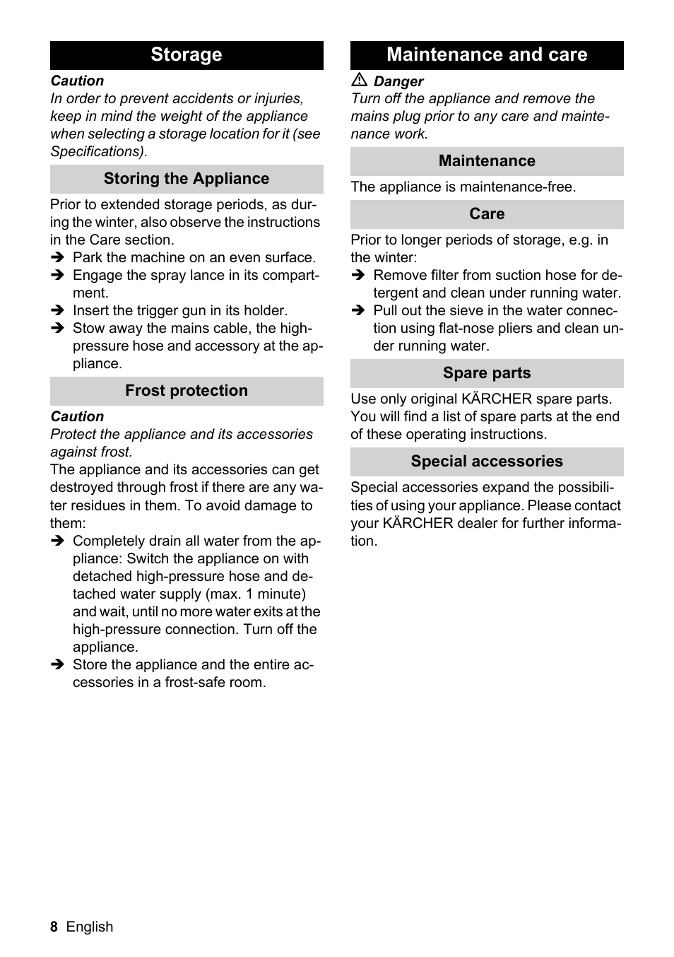 Storage, Maintenance and care | Karcher K 2.199 User Manual | Page 8 / 12