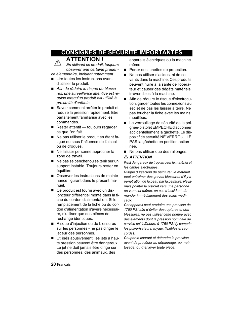 Attention, Consignes de securite importantes | Karcher K 3.67 M User Manual | Page 20 / 52