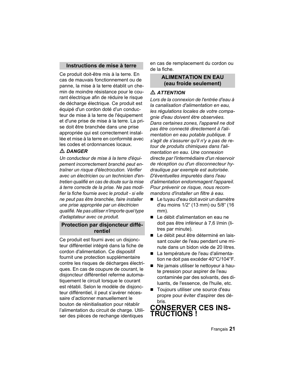 Conserver ces ins- tructions | Karcher K 3.67 M User Manual | Page 21 / 52