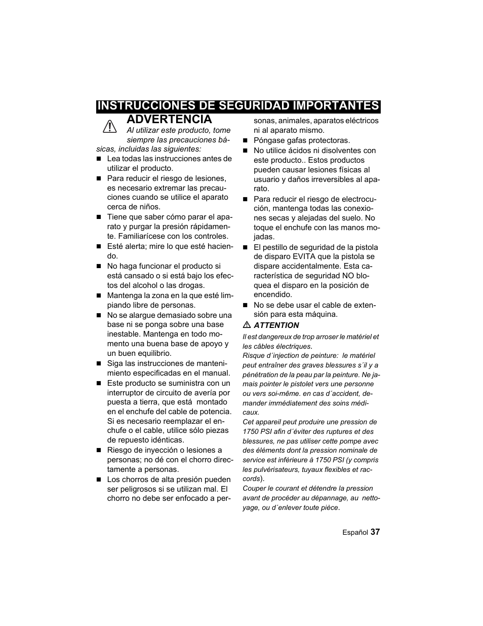 Advertencia, Instrucciones de seguridad importantes | Karcher K 3.67 M User Manual | Page 37 / 52