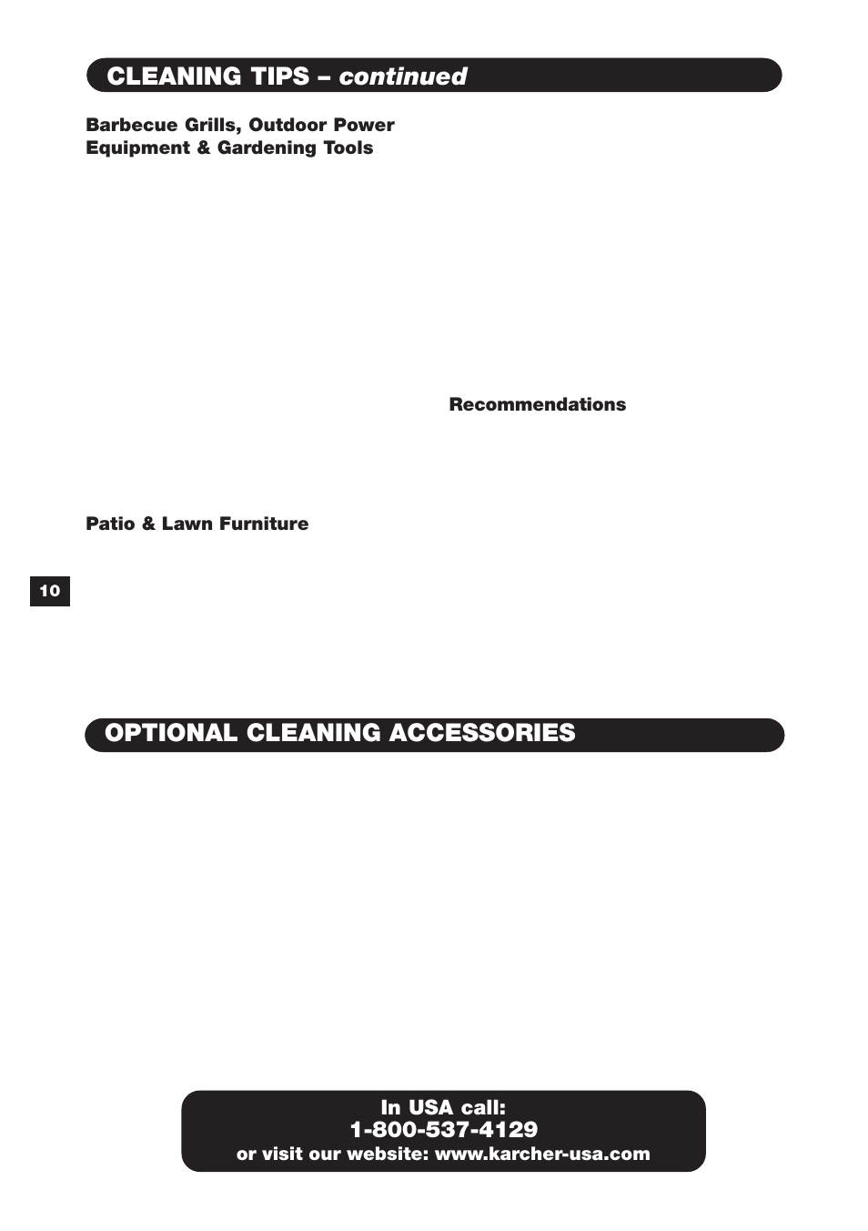 Cleaning tips – continued, Optional cleaning accessories | Karcher K 3.78 User Manual | Page 10 / 12