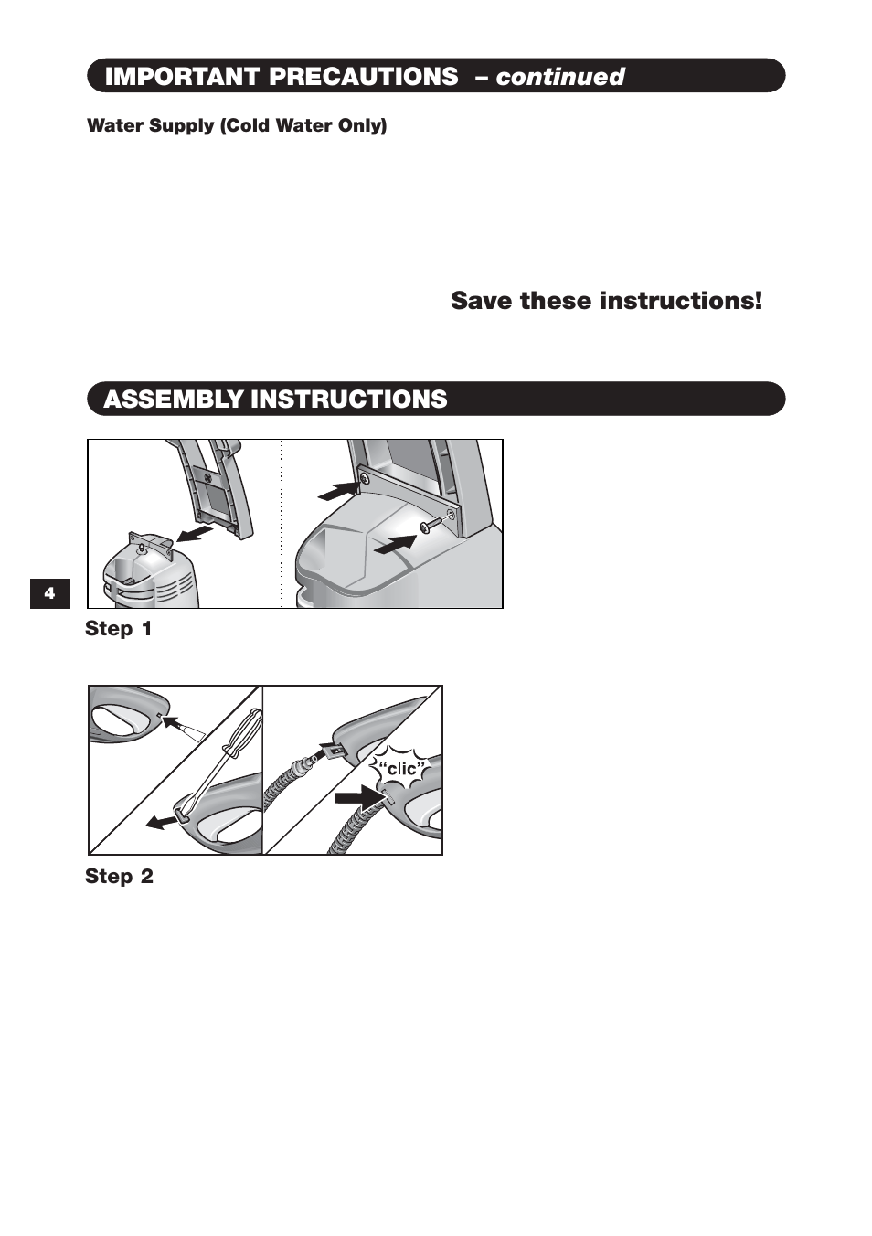 Assembly instructions, Important precautions – continued precautions, Save these instructions | Karcher K 3.78 User Manual | Page 4 / 12