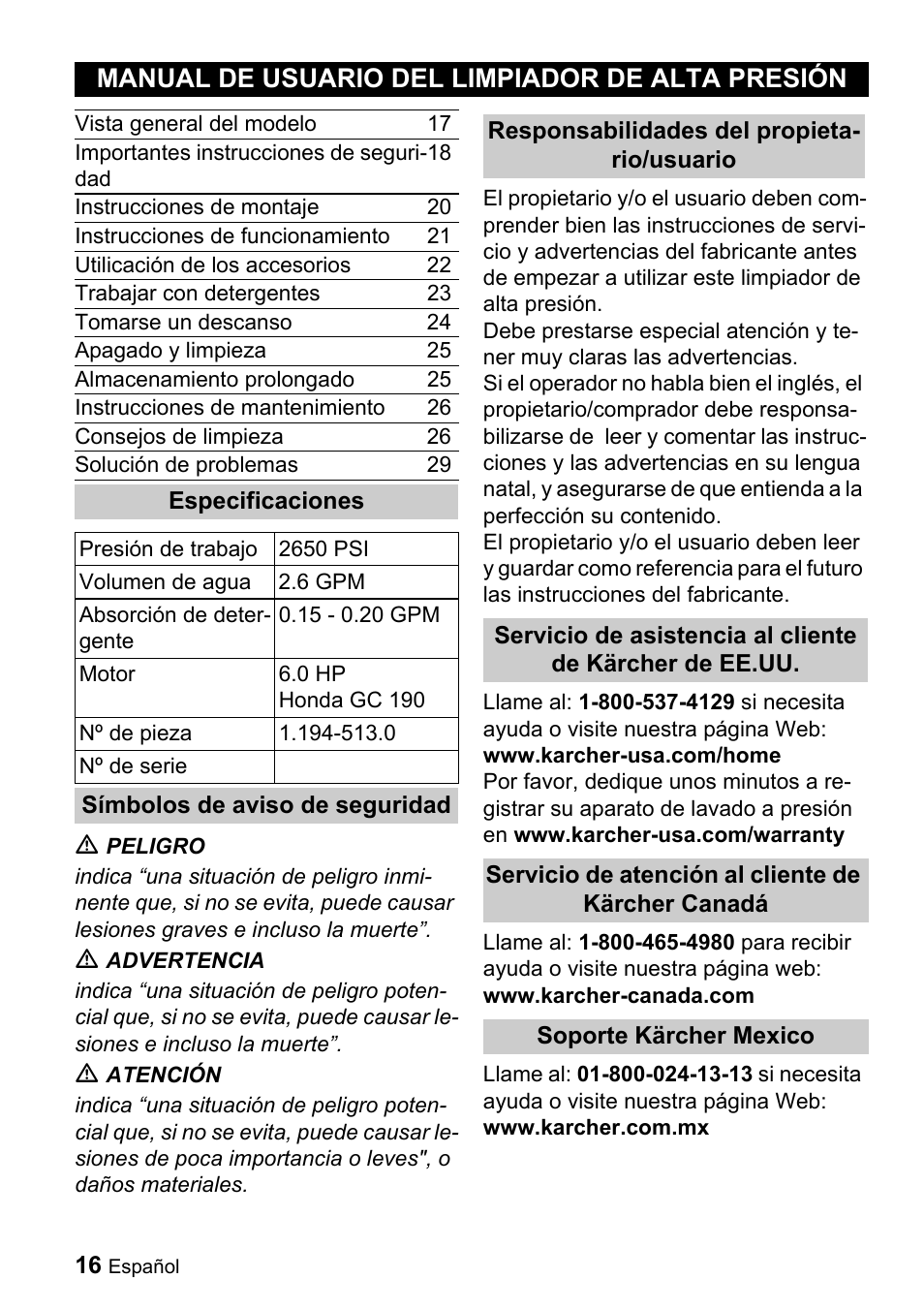 Manual de usuario del limpiador de alta presión | Karcher G 2650 OH User Manual | Page 16 / 47