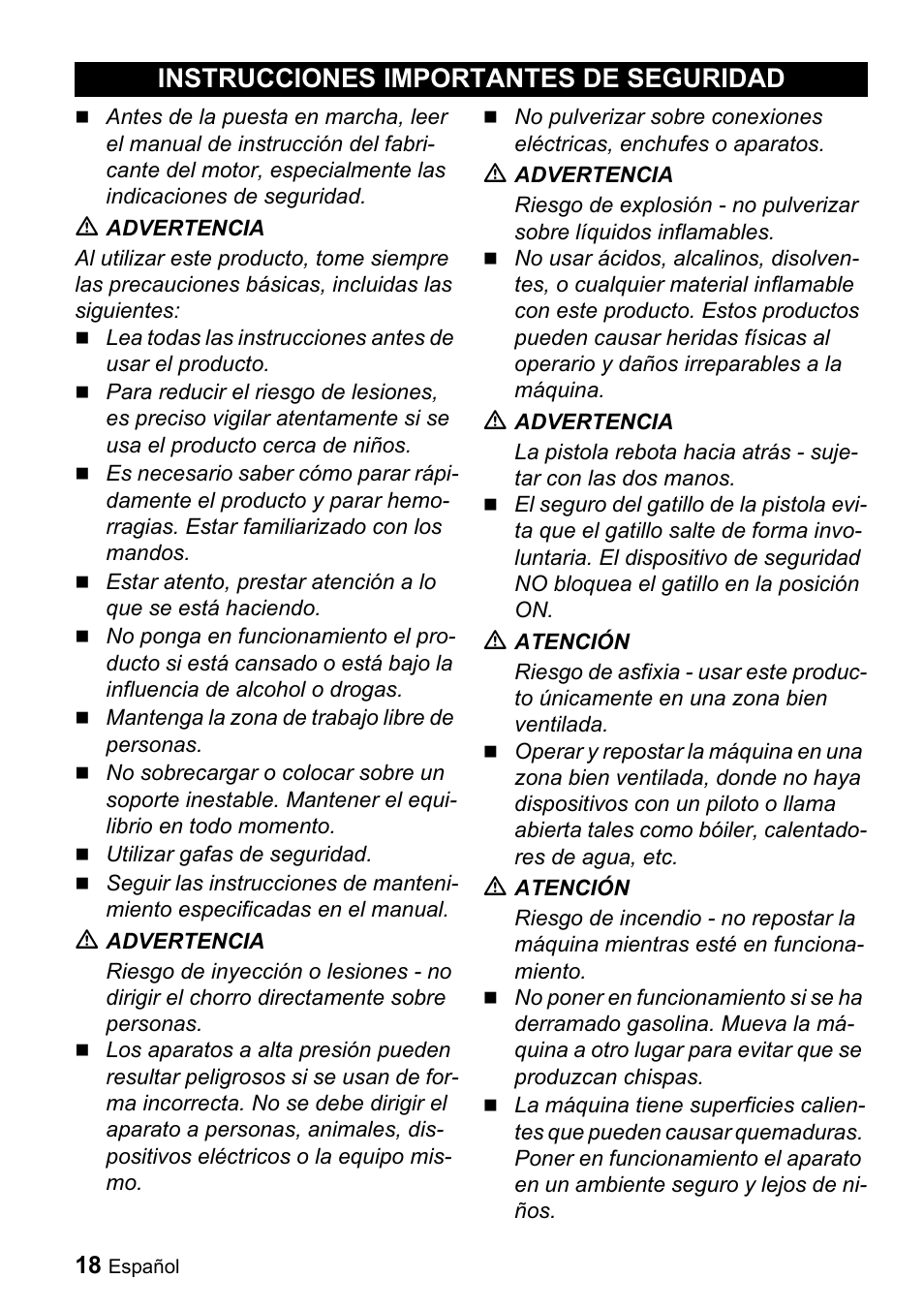 Instrucciones importantes de seguridad | Karcher G 2650 OH User Manual | Page 18 / 47