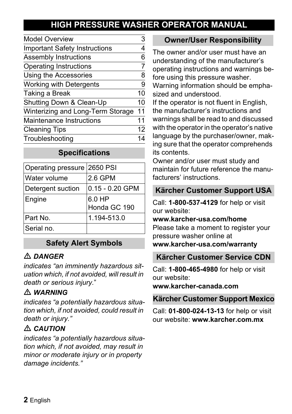 High pressure washer operator manual | Karcher G 2650 OH User Manual | Page 2 / 47