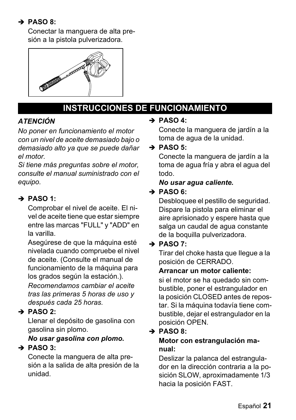 Instrucciones de funcionamiento | Karcher G 2650 OH User Manual | Page 21 / 47