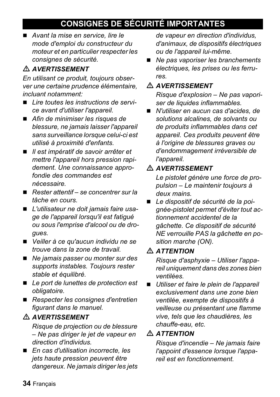 Consignes de sécurité importantes | Karcher G 2650 OH User Manual | Page 34 / 47