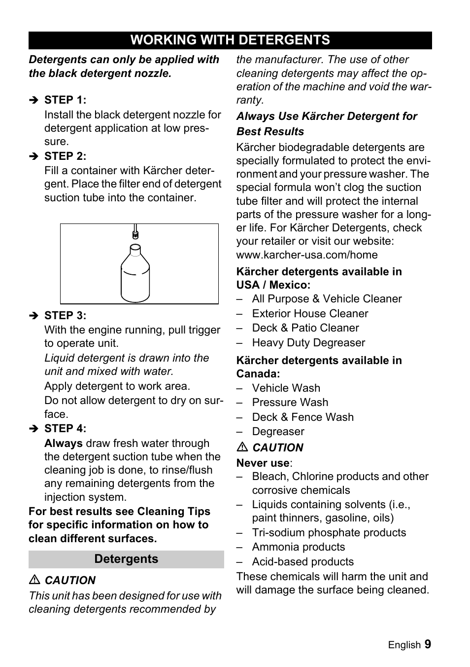 Working with detergents | Karcher G 2650 OH User Manual | Page 9 / 47
