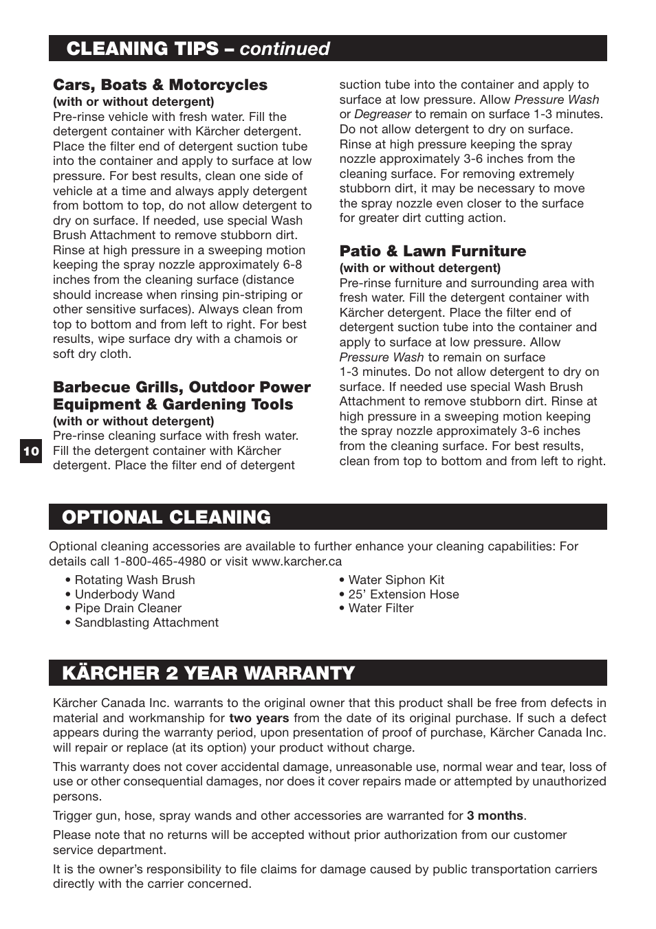 Cleaning tips – continued, Kärcher 2 year warranty, Optional cleaning | Karcher K 2.89 M User Manual | Page 10 / 12