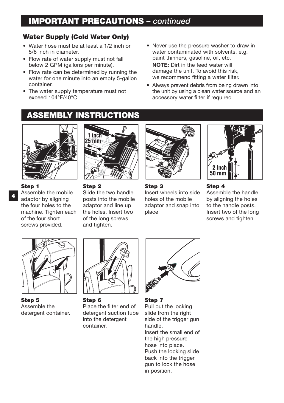 Important precautions – continued, Assembly instructions | Karcher K 2.89 M User Manual | Page 4 / 12