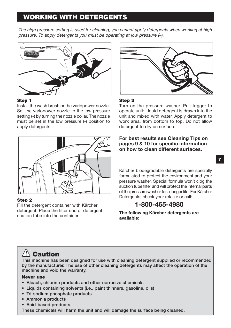 Working with detergents, Caution | Karcher K 2.89 M User Manual | Page 7 / 12