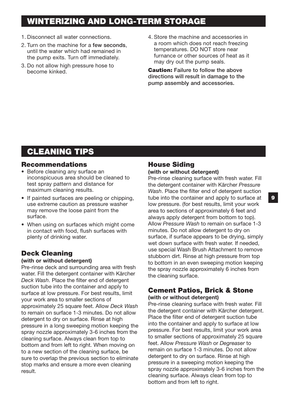 Winterizing and long-term storage, Cleaning tips | Karcher K 2.89 M User Manual | Page 9 / 12