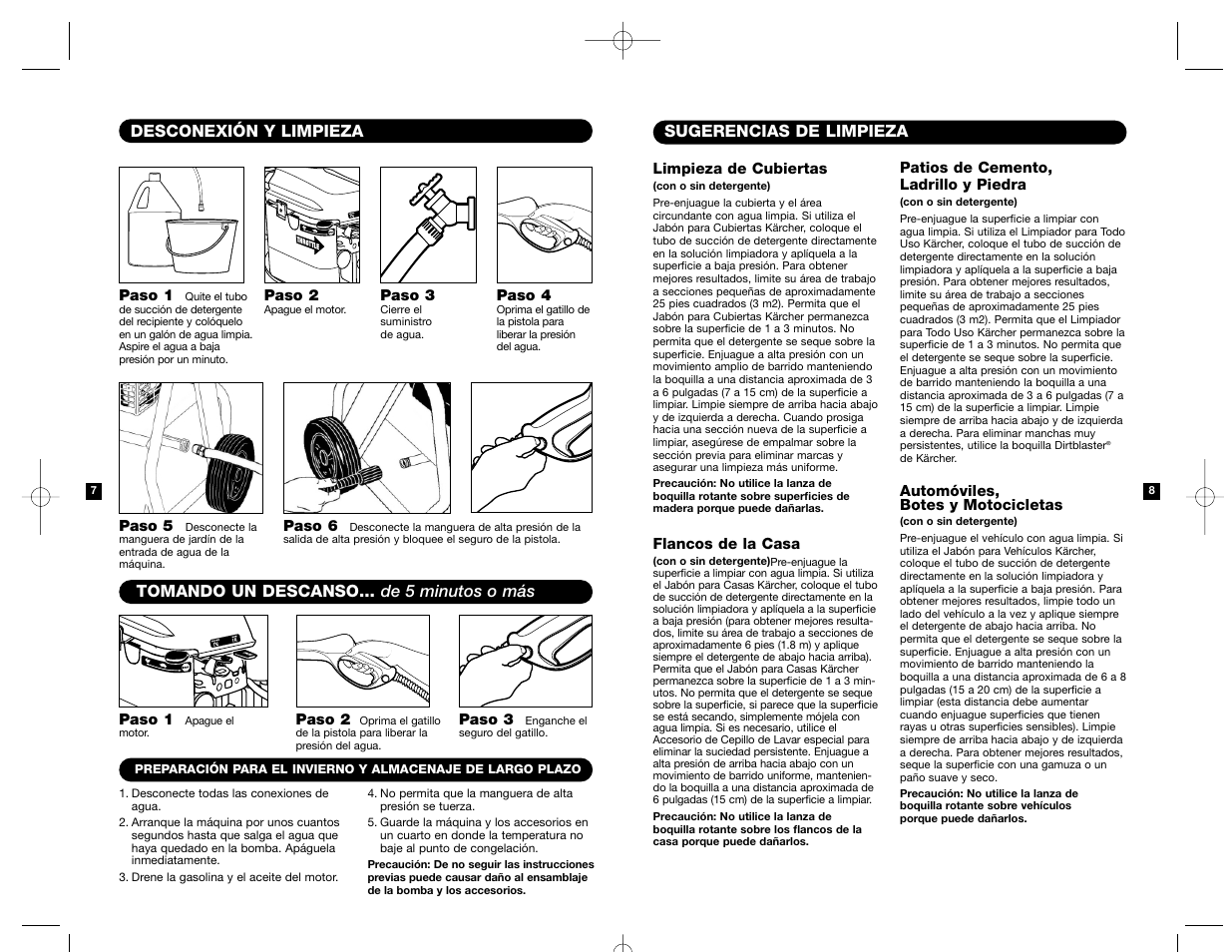 Sugerencias de limpieza, Desconexión y limpieza, Tomando un descanso... de 5 minutos o más | Karcher K 2200 IB User Manual | Page 12 / 21