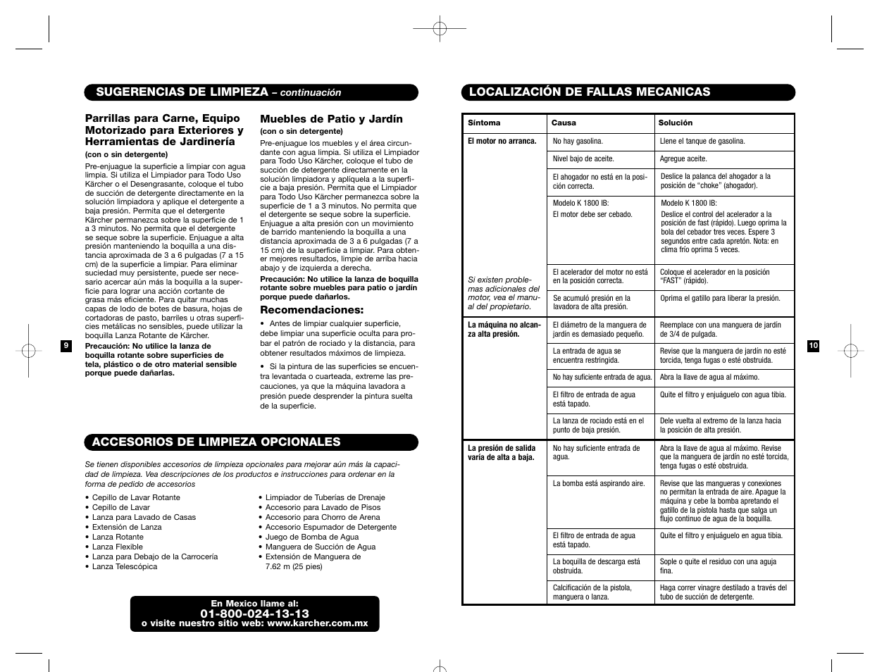 Localización de fallas mecanicas, Sugerencias de limpieza, Accesorios de limpieza opcionales | Karcher K 2200 IB User Manual | Page 13 / 21