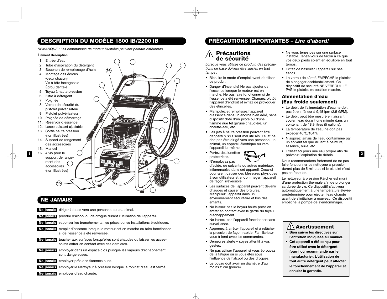 Précautions de sécurité, Précautions importantes – lire d’abord, Avertissement | Ne jamais | Karcher K 2200 IB User Manual | Page 16 / 21