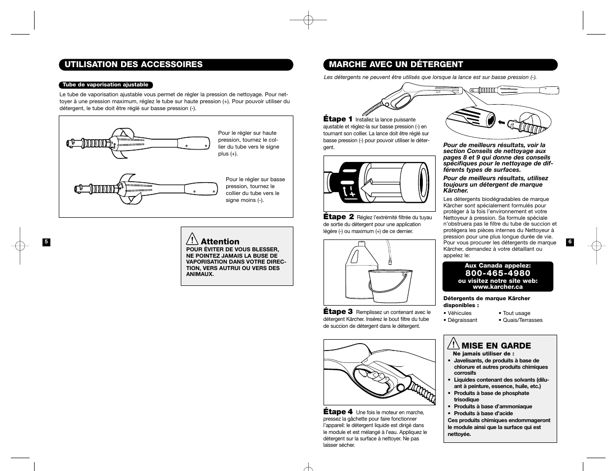 Marche avec un détergent, Utilisation des accessoires, Attention | Mise en garde | Karcher K 2200 IB User Manual | Page 18 / 21