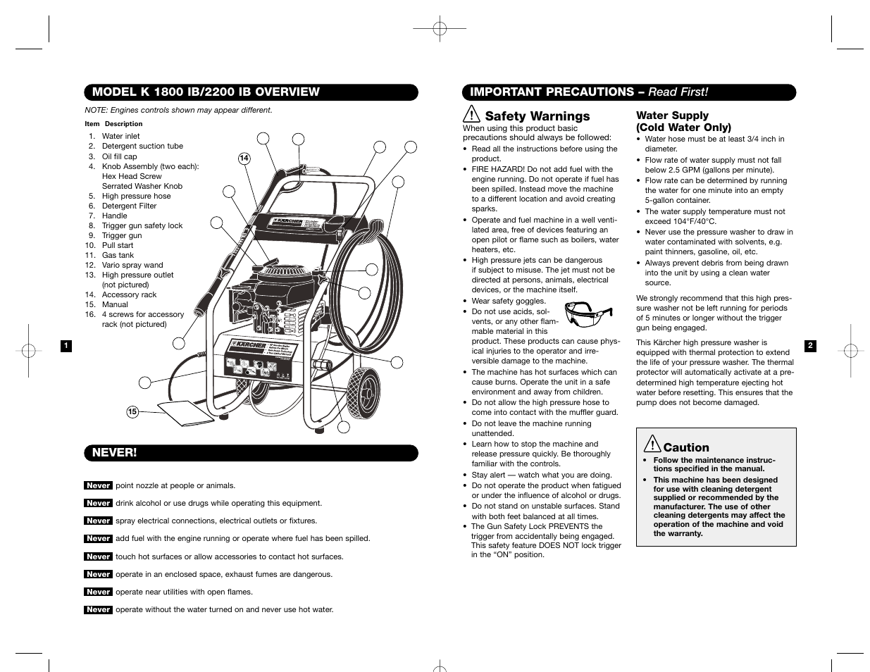 Safety warnings, Important precautions – read first, Caution | Karcher K 2200 IB User Manual | Page 2 / 21