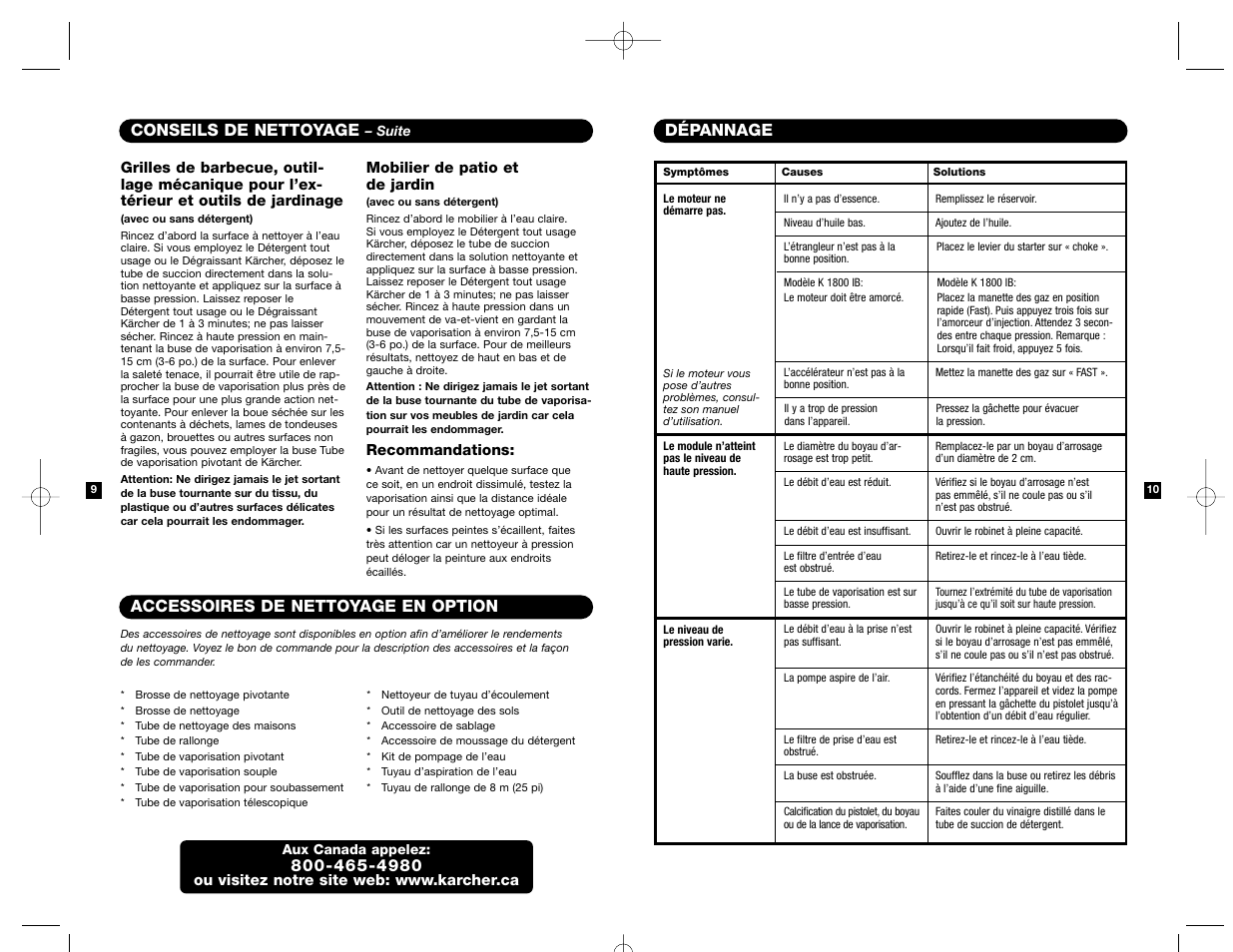 Dépannage, Conseils de nettoyage, Accessoires de nettoyage en option | Karcher K 2200 IB User Manual | Page 20 / 21