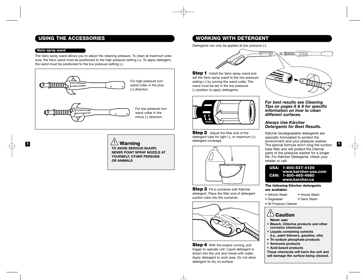 Working with detergent, Using the accessories, Warning | Caution | Karcher K 2200 IB User Manual | Page 4 / 21