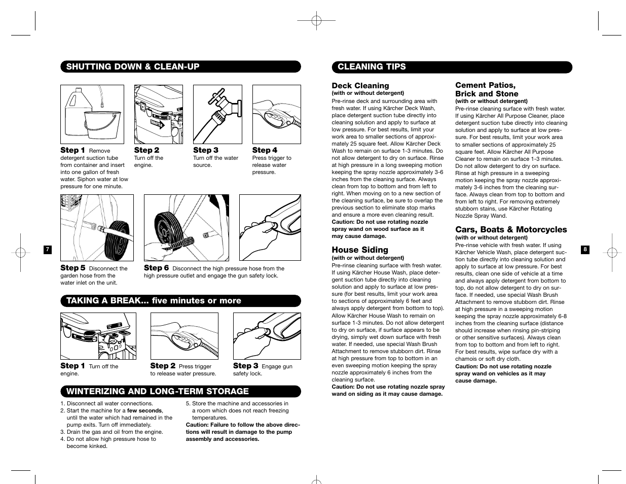 Cleaning tips, House siding, Cars, boats & motorcycles | Shutting down & clean-up, Winterizing and long-term storage, Taking a break... five minutes or more | Karcher K 2200 IB User Manual | Page 5 / 21