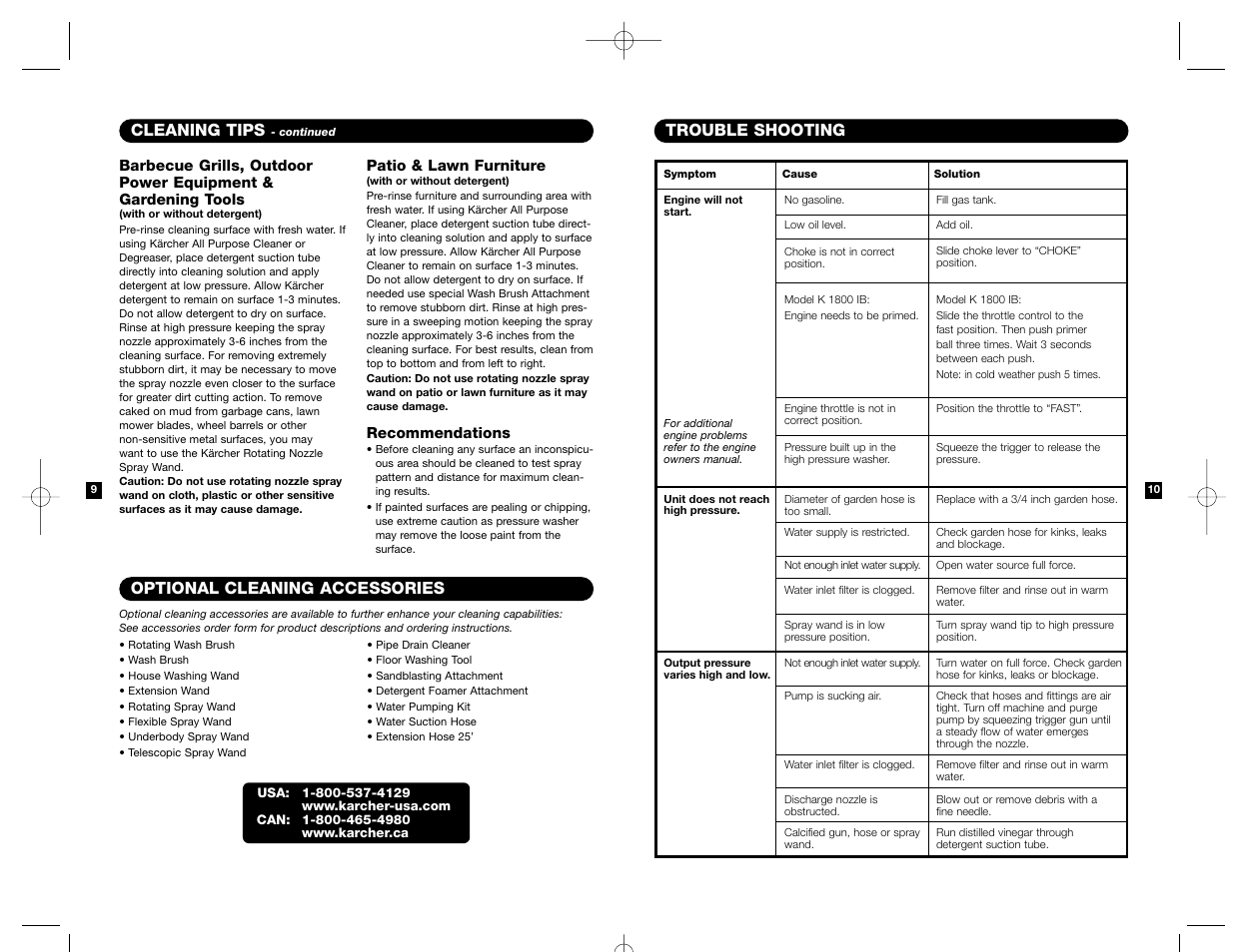 Trouble shooting, Cleaning tips, Optional cleaning accessories | Karcher K 2200 IB User Manual | Page 6 / 21