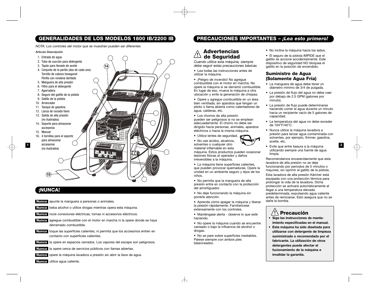 Advertencias de seguridad, Precauciones importantes – ¡lea esto primero, Precaución | Nunca | Karcher K 2200 IB User Manual | Page 9 / 21