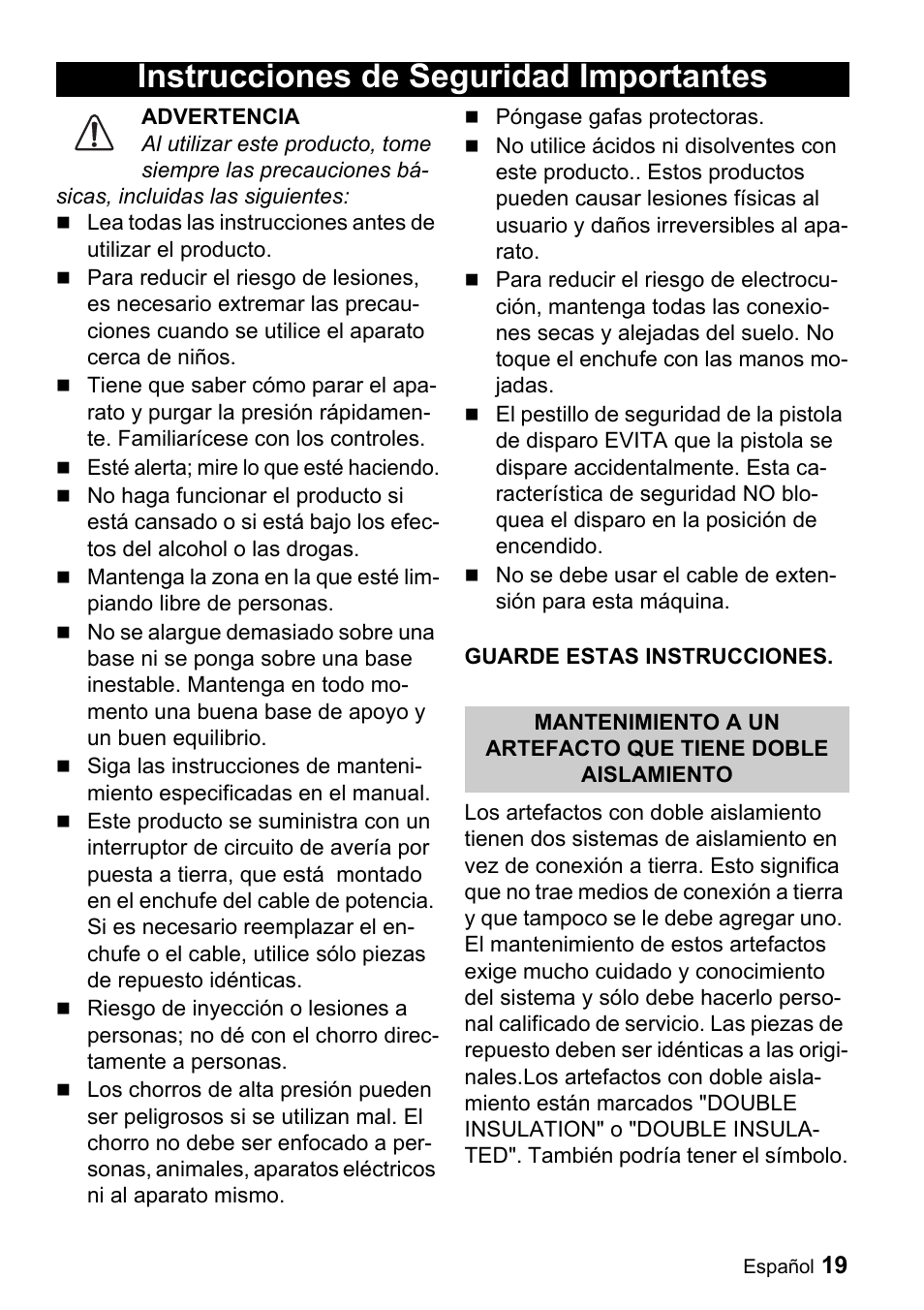 Instrucciones de seguridad importantes | Karcher K 2.56M User Manual | Page 19 / 48