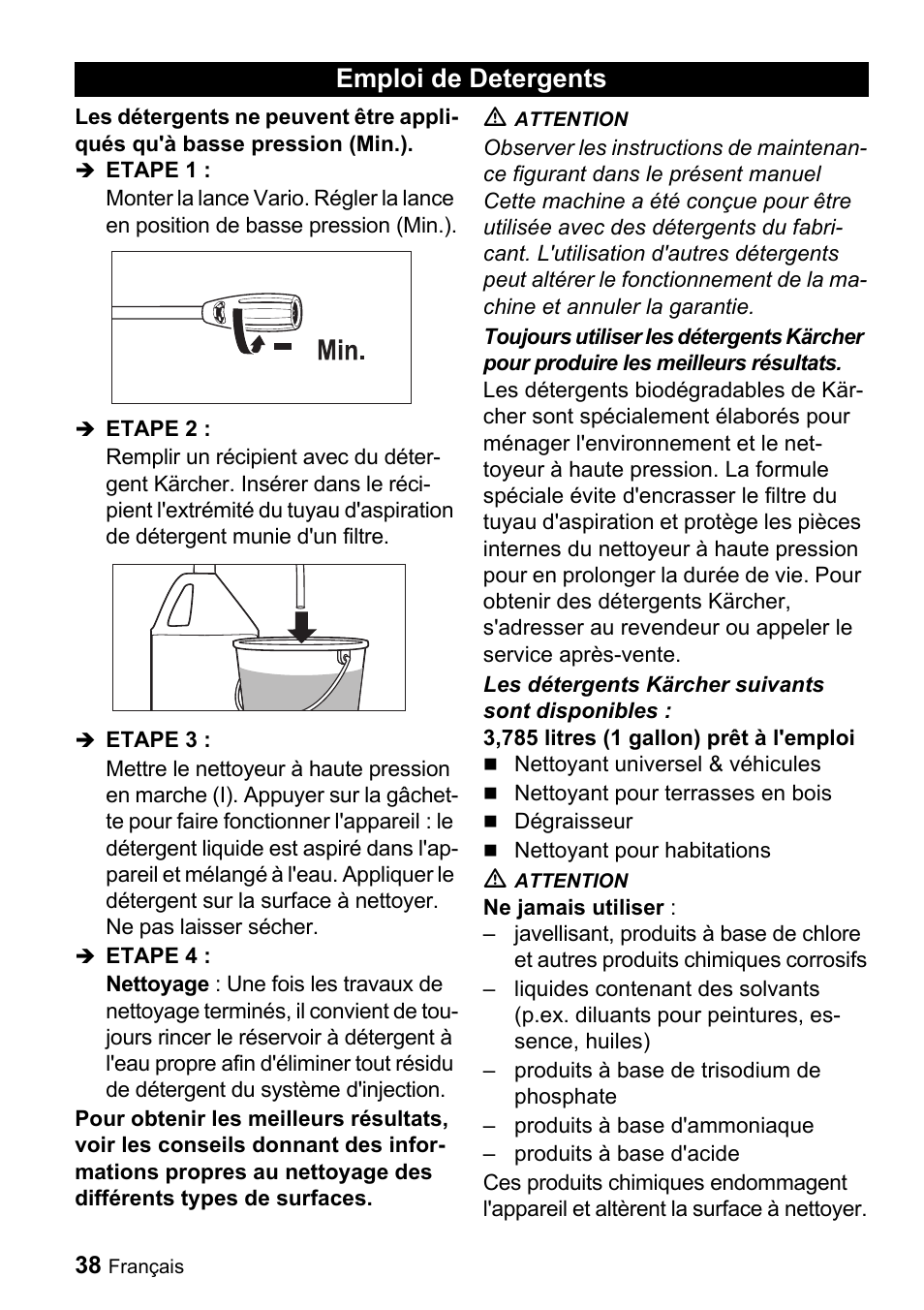 Emploi de detergents | Karcher K 2.56M User Manual | Page 38 / 48