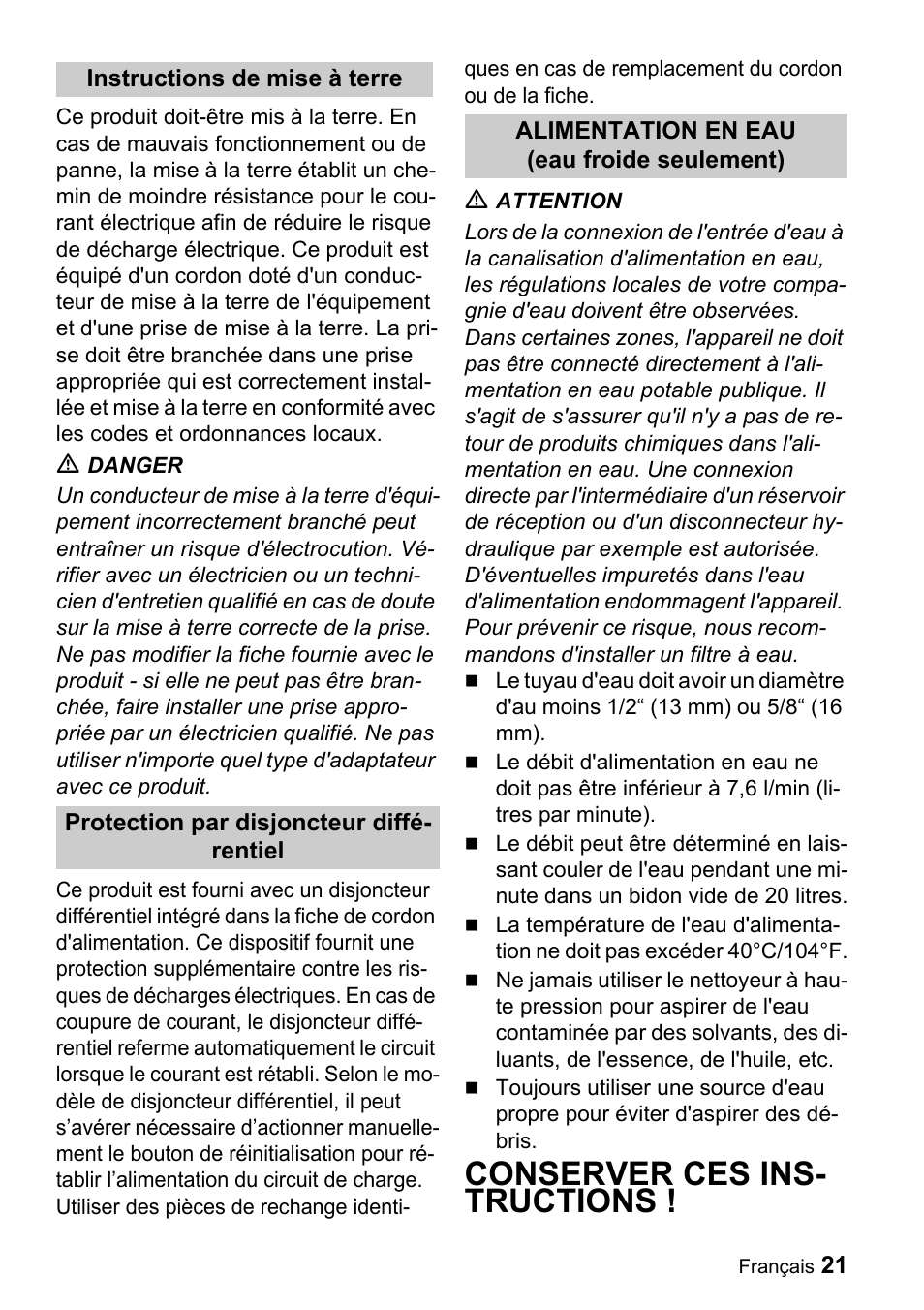 Conserver ces ins- tructions | Karcher K 3.69 M User Manual | Page 21 / 52