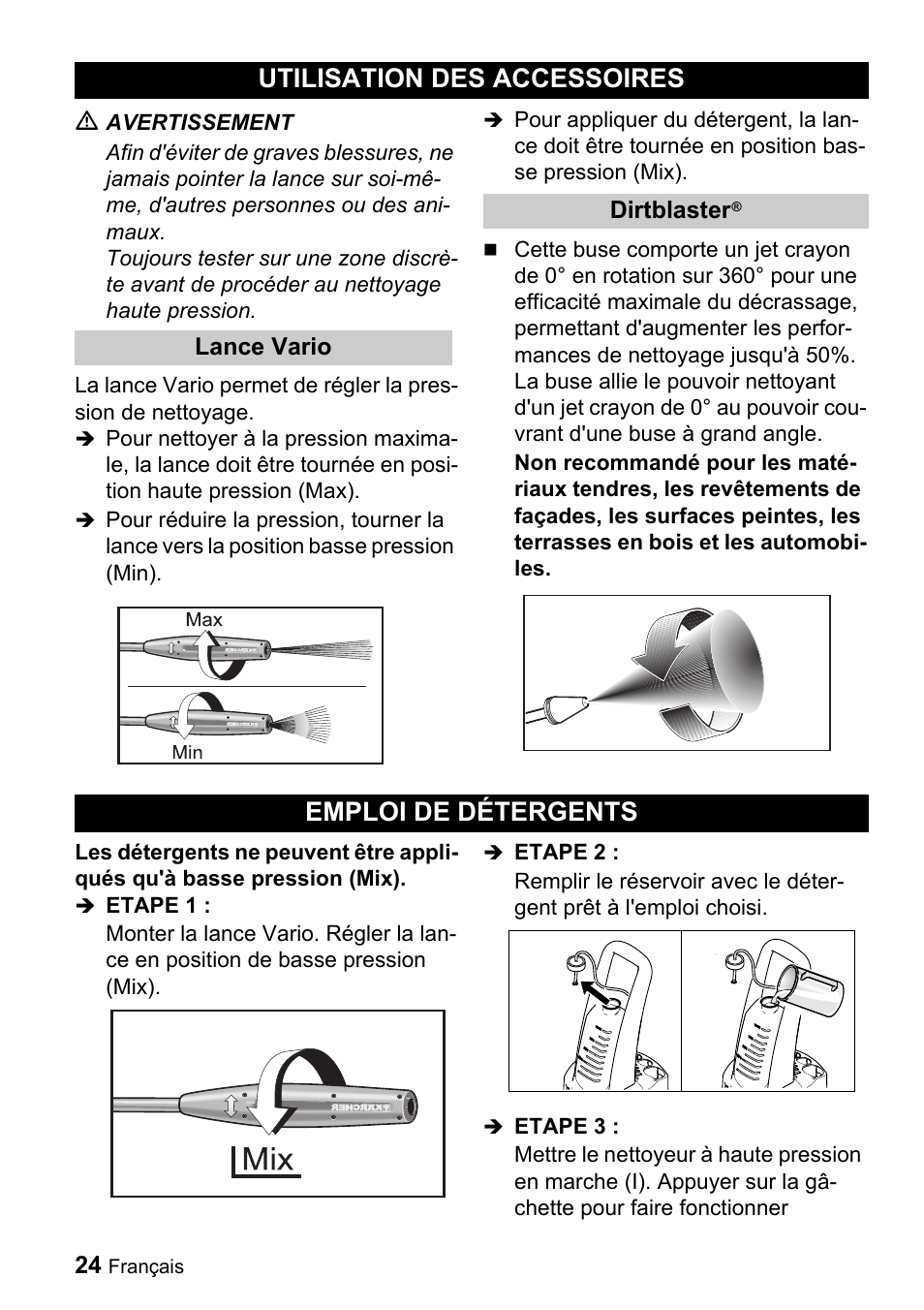 Utilisation des accessoires, Emploi de détergents | Karcher K 3.69 M User Manual | Page 24 / 52