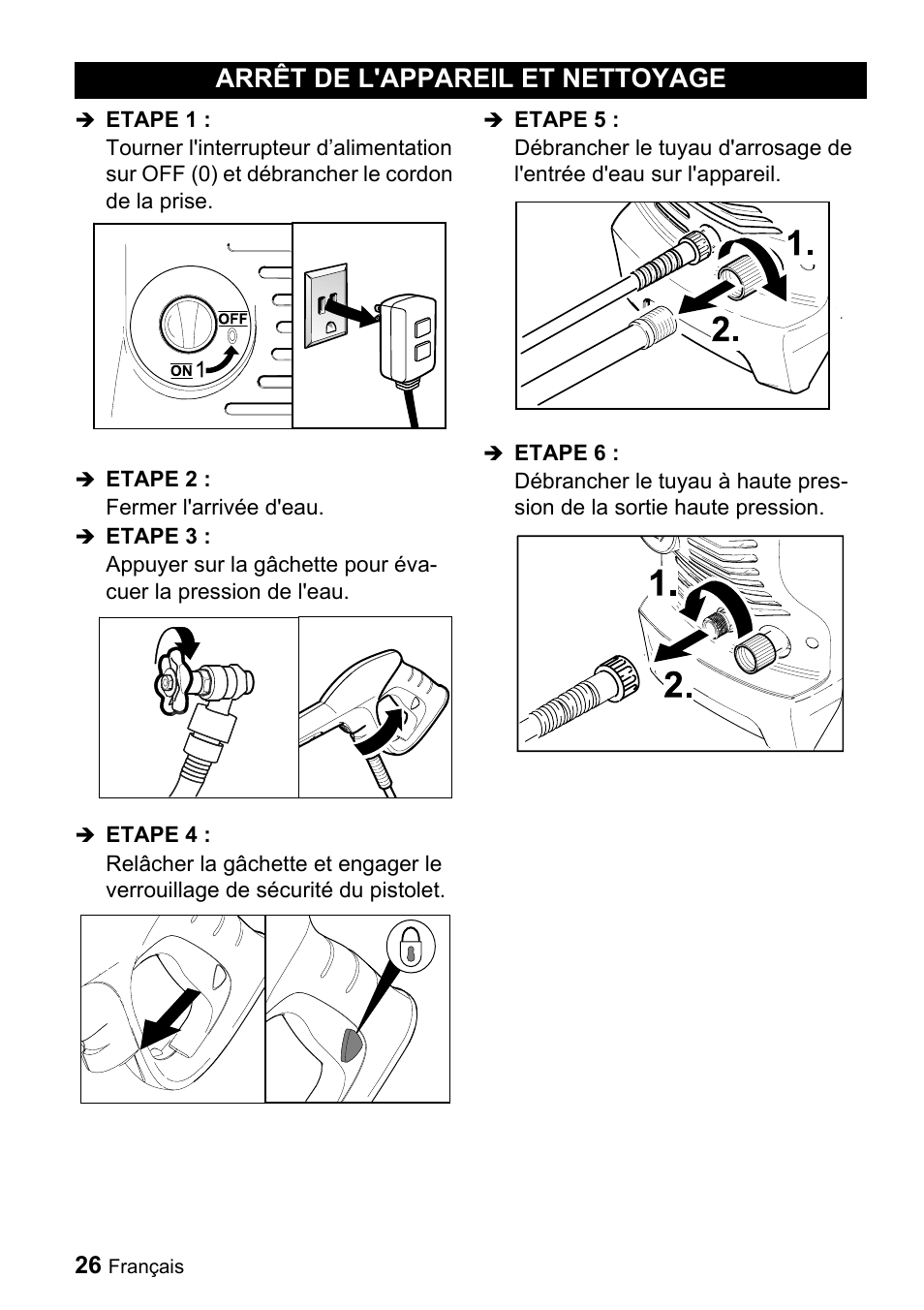 Arrêt de l'appareil et nettoyage | Karcher K 3.69 M User Manual | Page 26 / 52