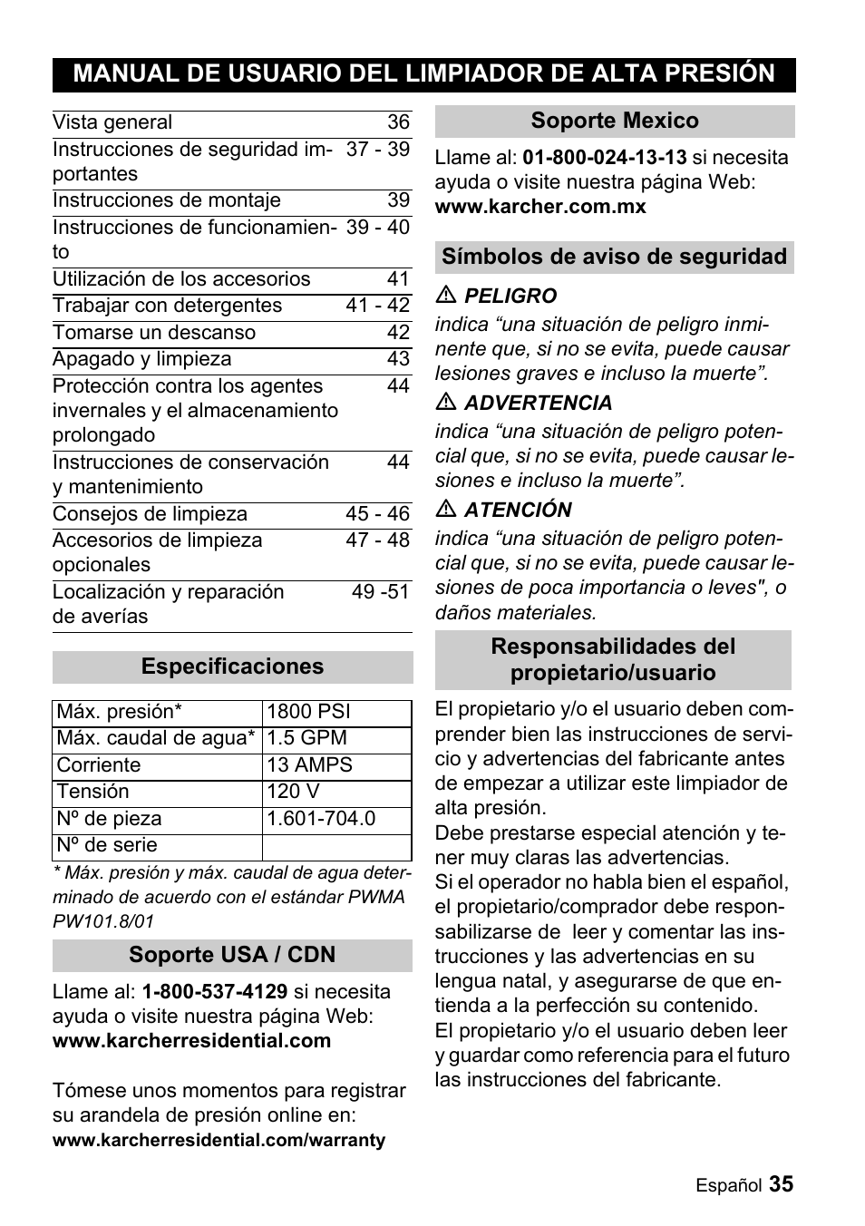 Manual de usuario del limpiador de alta presión | Karcher K 3.69 M User Manual | Page 35 / 52